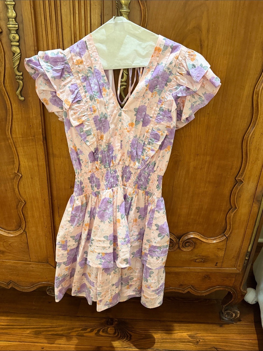 Pinch Pink Floral Ruffle Mini Dress with Purple Blooms